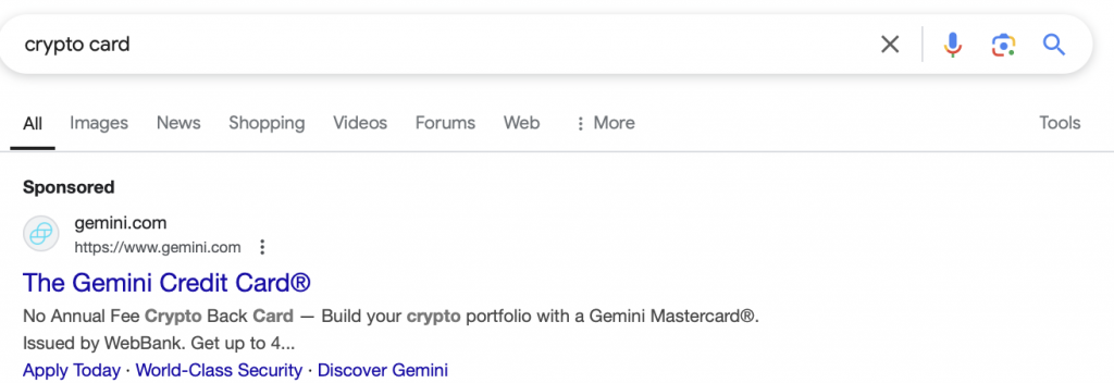 Crypto Card Search Ad