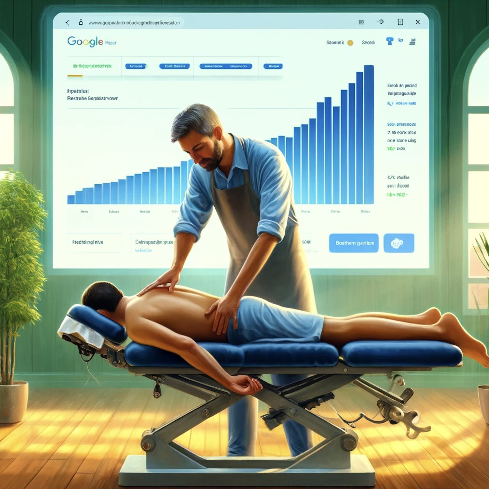 Chiropractor and patient oil painted with Google Ads dashboard