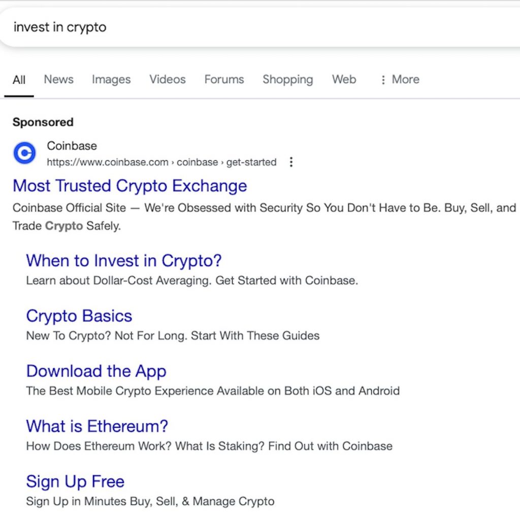 Sitelink extensions for a Crypto Search Ad