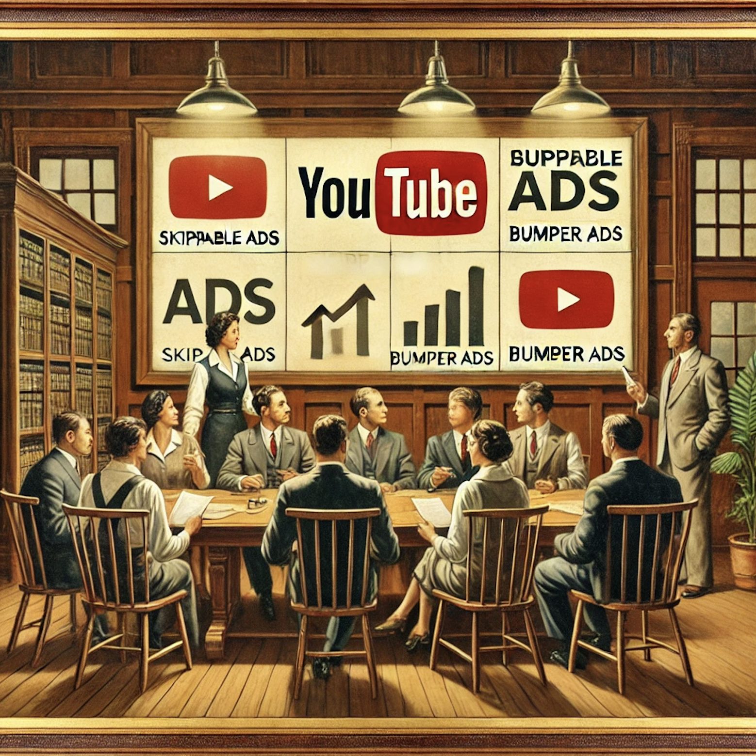 Meeting with people talking about youtube ads formats oil painted