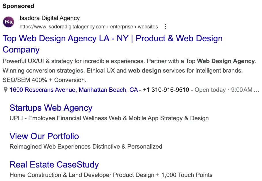 Example of Google Search Ad for Web Design Agencies