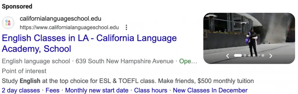 Search Ad English Classes LA