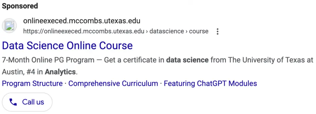 Search Ad promoting Online Classes