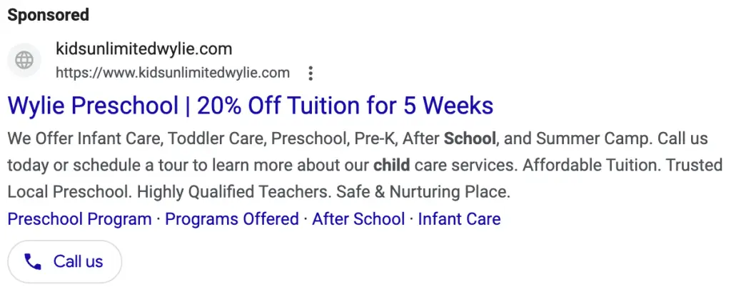 Search Ad for School emphasizing discount