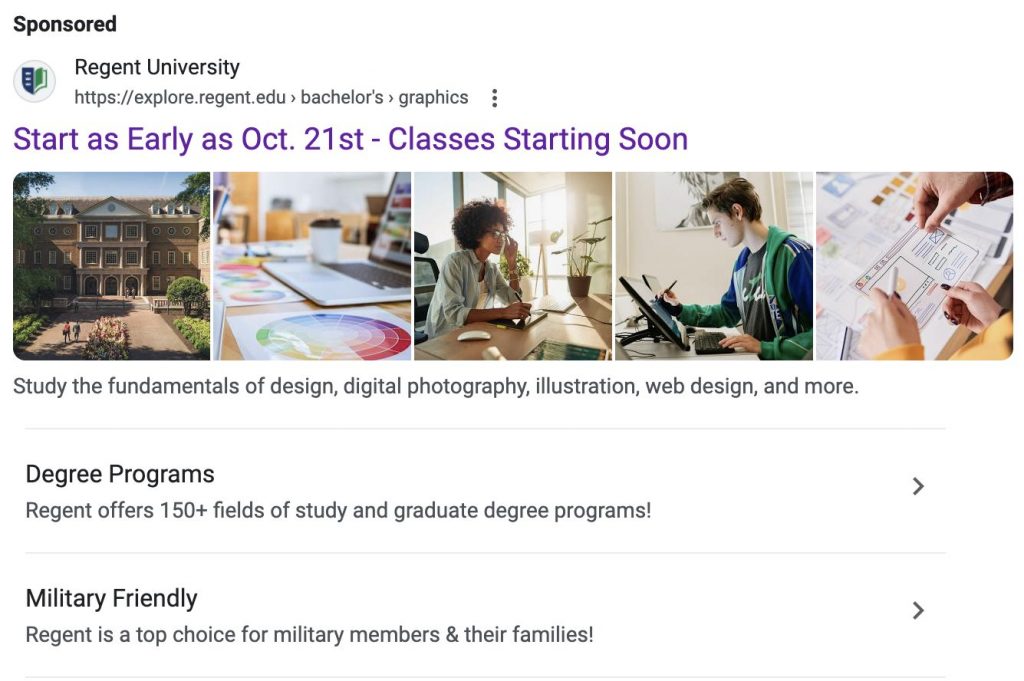 School Search Ad that takes full advantage of extensions to occupy as much space as possible at the top of Google Result page