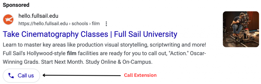 School Search Ad with a Call Extension