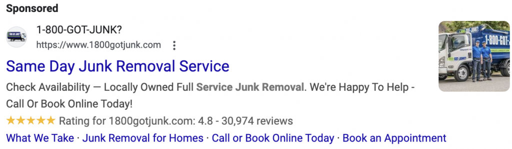 Junk removal Search Ad with an image