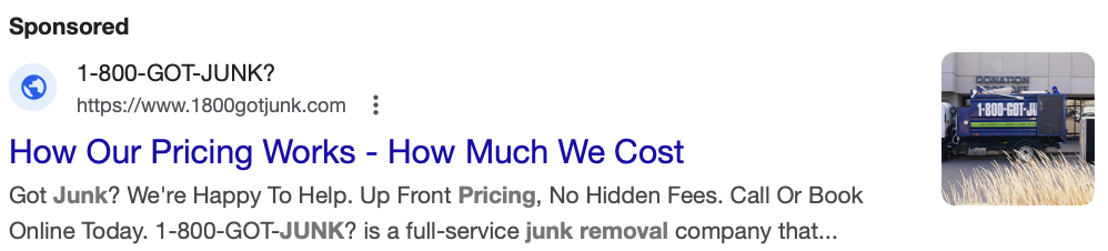 Search Ad for junk removal explaining price structure