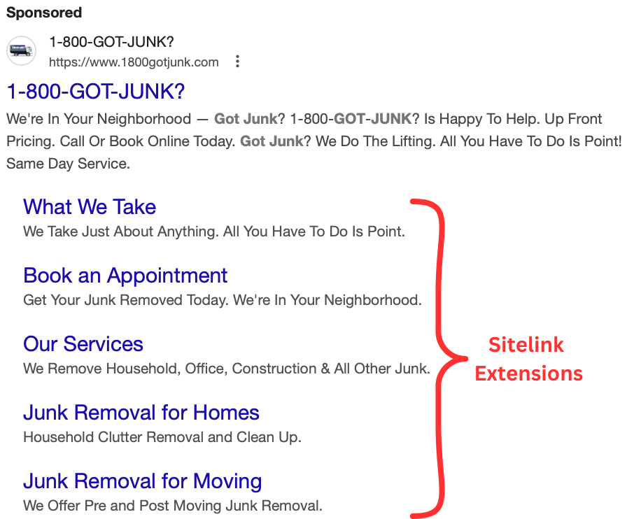 Junk removal Search Ad site extensions