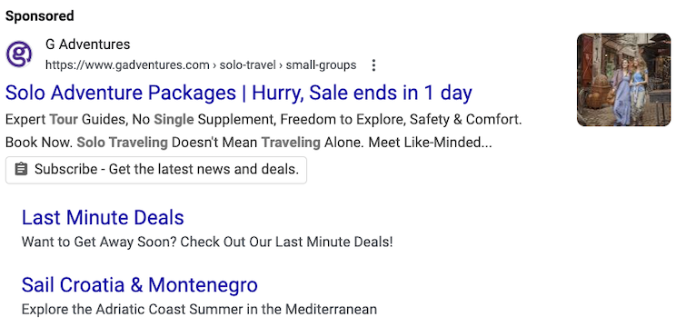 Search Ad for Solo Travel Packages