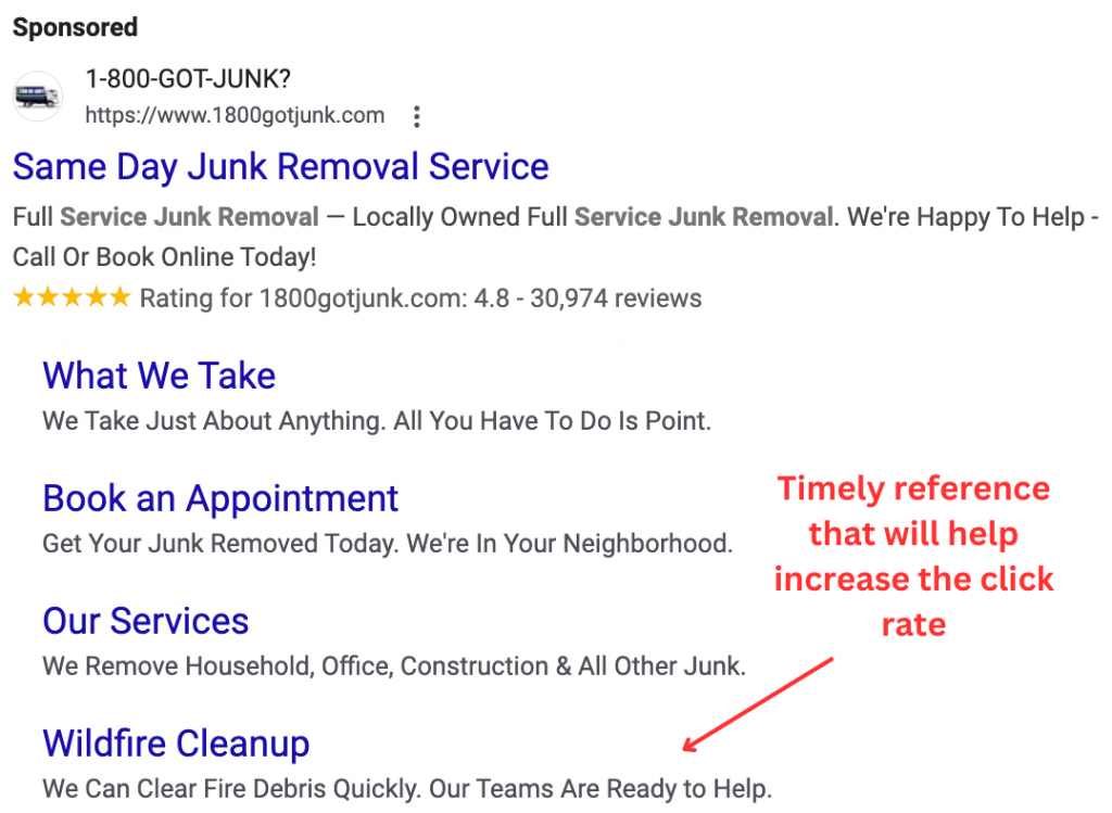 Junk removal business referencing the recent Los Angeles wildfires to connect with the community Search Ad